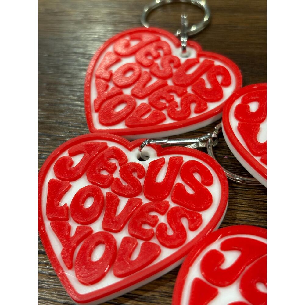 Jesus Loves You Heart Keychain | Red White Retro Christian Faith Gift (10 Pack)